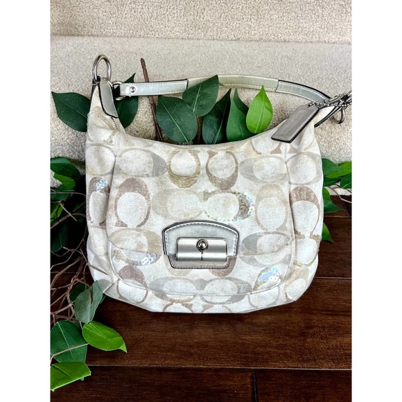 Coach Handbags - Coach cream, tan, gold and silver canvas handbag